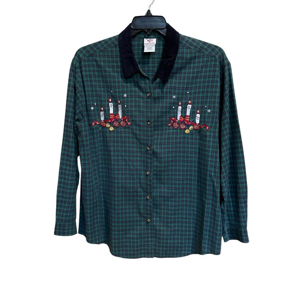 Nutcracker Womens Shirt Plaid‎ Green Blue Candles Holiday Christmas Xlarge